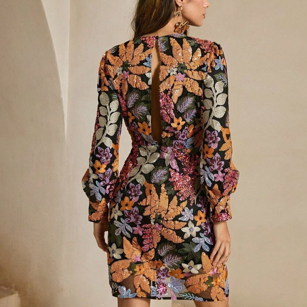 Black Elegant Women's Sequin Embroidered Print Long Sleeve Short Dress - Picture 2 of 7